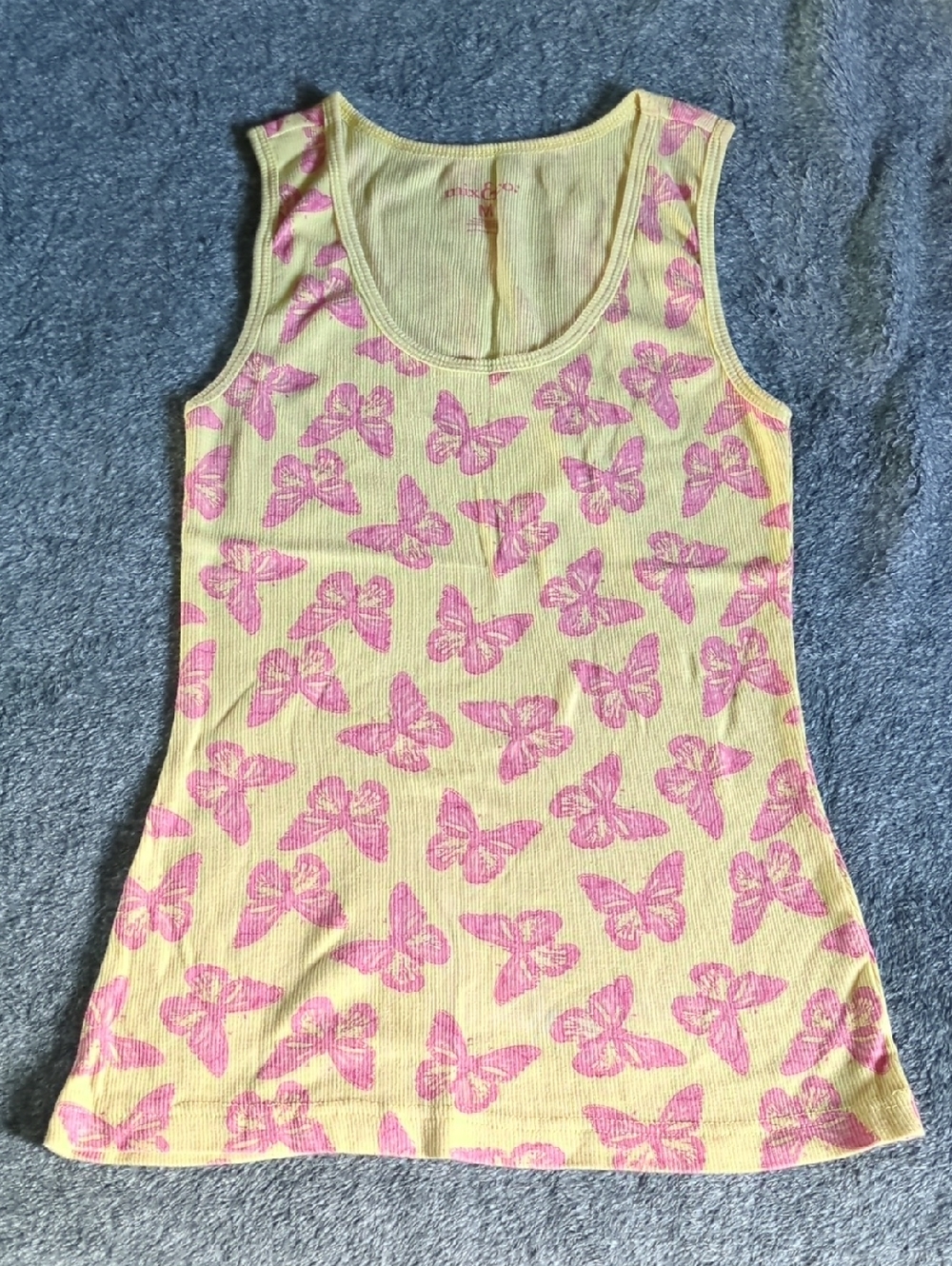Mix & Co Yellow Ribbed Tank Top with Pink Butterfly Print